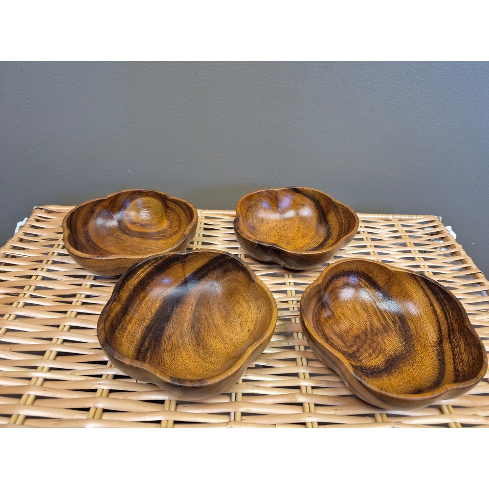 Vintage Philcraft Monkey Pod Wood Bowls Set of 4 Philippines MCM Tiki Scalloped